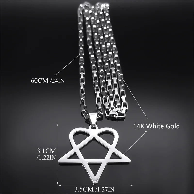 Hip Hop Rock Music Him Heartagram Star Heart Necklace for Women Men 14K White Gold Y2k Black Band Goth Punk Chain Jewelry