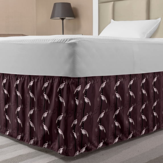 Peacock Bed Skirt, Ornamental Animal on Vertical Streaks, Elastic Bedskirt Dust Ruffle Wrap Around for Bedding Decor, 4 Sizes, Warm Taupe Dark Mauve, by Ambesonne