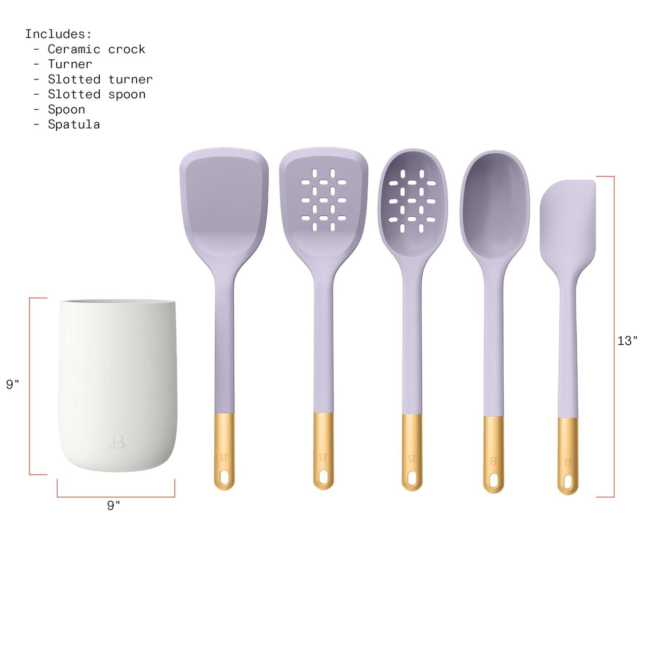 Beautiful 6-Piece Silicone Tool Set with Ceramic Crock, Lavender by Drew Barrymore