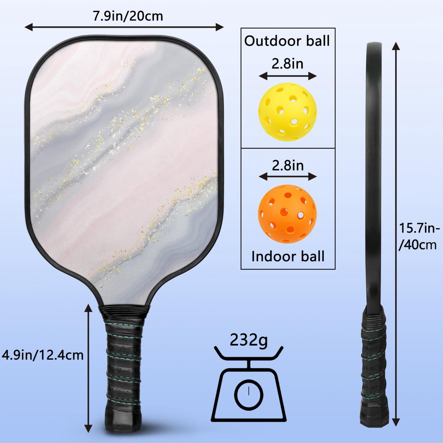 Pickleball Paddles Set Of 2, Fiberglass Surface, Turquoise Marble Pattern, 4 Balls & Bag