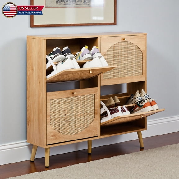 Hassch Natural Rattan Shoe Cabinet with 4 Flip Drawers, Freestanding Shoe Rack Storage Organizer for Entryway, Living Room, Small Space, 41.34"L x 9.45"W x 38.58"H