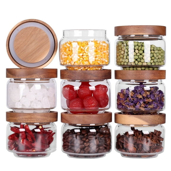 8 Pcs Spice Containers  8.5oz Glass Spice Jars With Acacia Lid and Labels - Stackable Empty Round Spice Canister for Kitchen