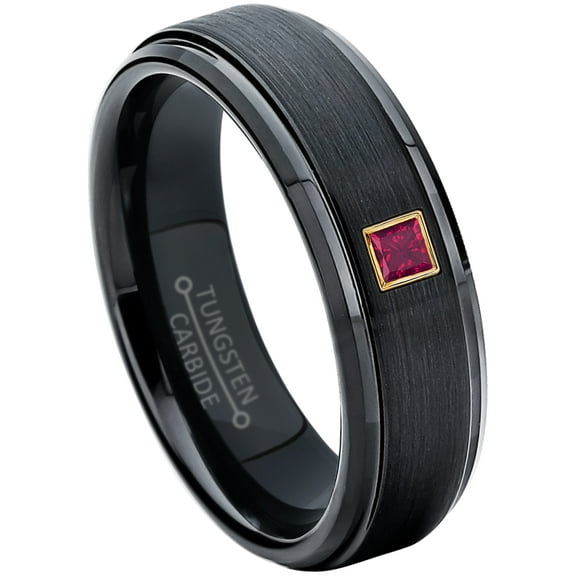 0.05ctw Princess Cut Ruby Tungsten Ring - 6MM Brushed Black IP Stepped Edge Tungsten Carbide Wedding Band - July Birthstone Ring - 14kt Yellow Gold Bezel - TN085PSG-1RBs5.5