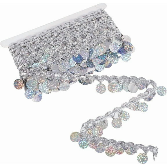 10 Yards Silver Coin Shape Sequin Tassel Trim Sequins Bead Fringe Lace Trimming Braid Metallic Glitter Belly Ribbon Chain Bulk for Sewing Making Clothes Dresses Dance Craft Costume Accessory