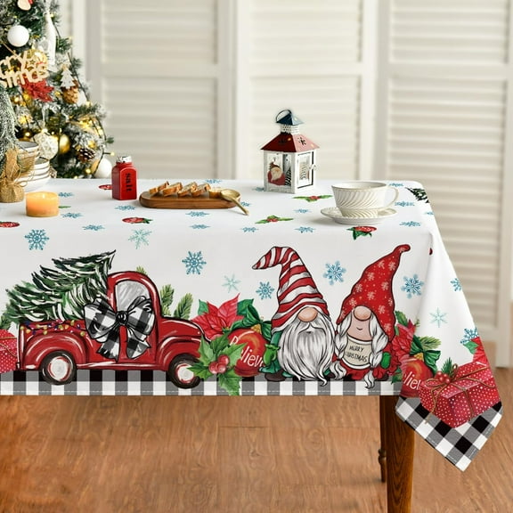 Christmas Tablecloth 60×60 Inch Square, Gnome Truck Gifts Black Buffalo Plaid Washable Seasonal Table Cover for Party Picnic Dinner Decor