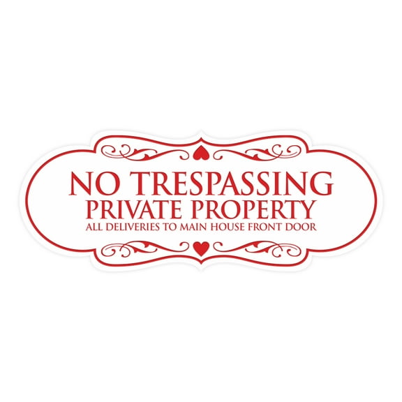 Signs ByLITA Designer No Trespassing Private Property Sign All Deliveries to Main House Front Door Sign (White/Red) - Large