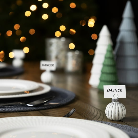 Northlight Glitter Striped Glass Christmas Ornament Place Card Holders - 2" - White - Set of 6