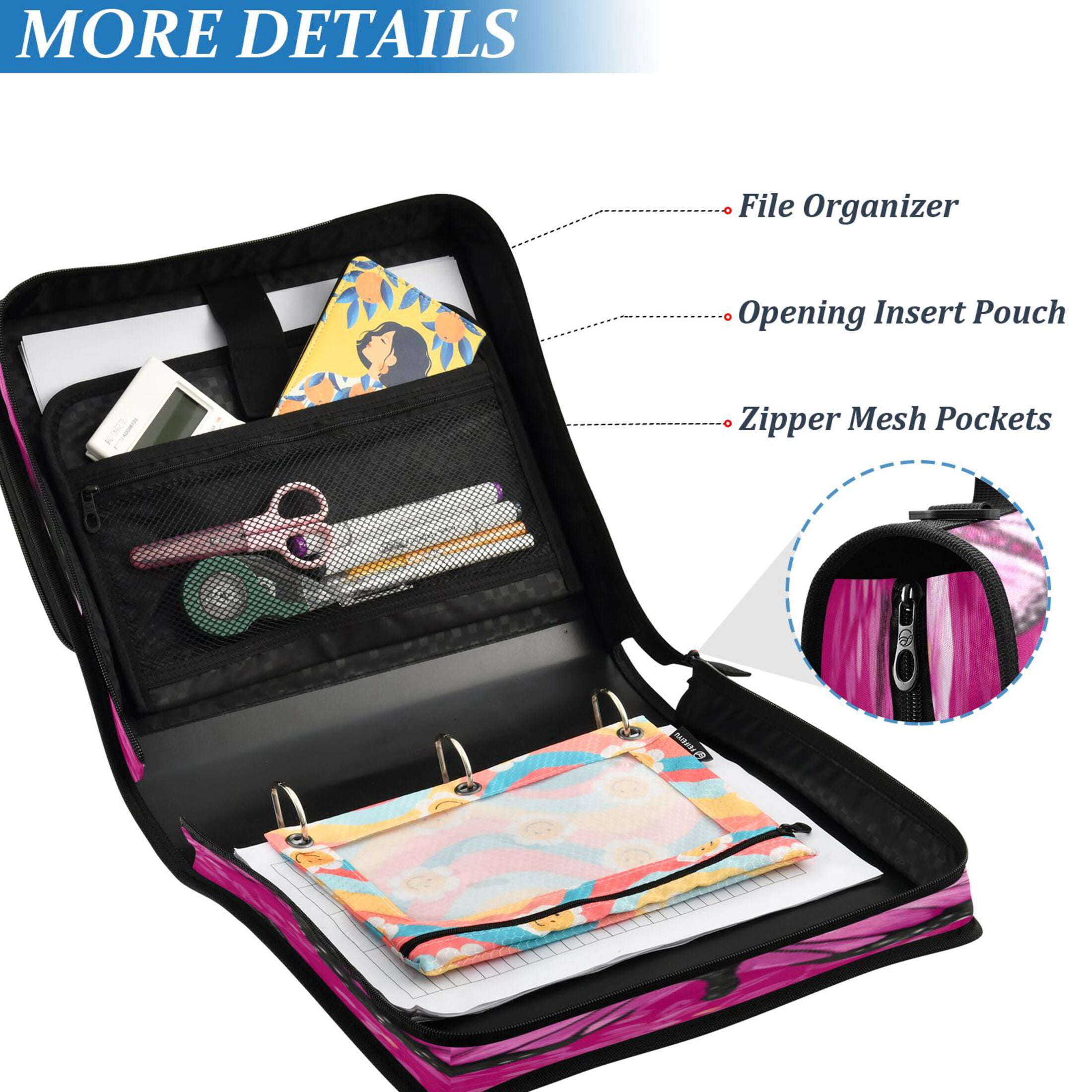DIXRUYEE Zipper Binder trapper keeper Documents Organized Design Pink Dream Butterfly Printed