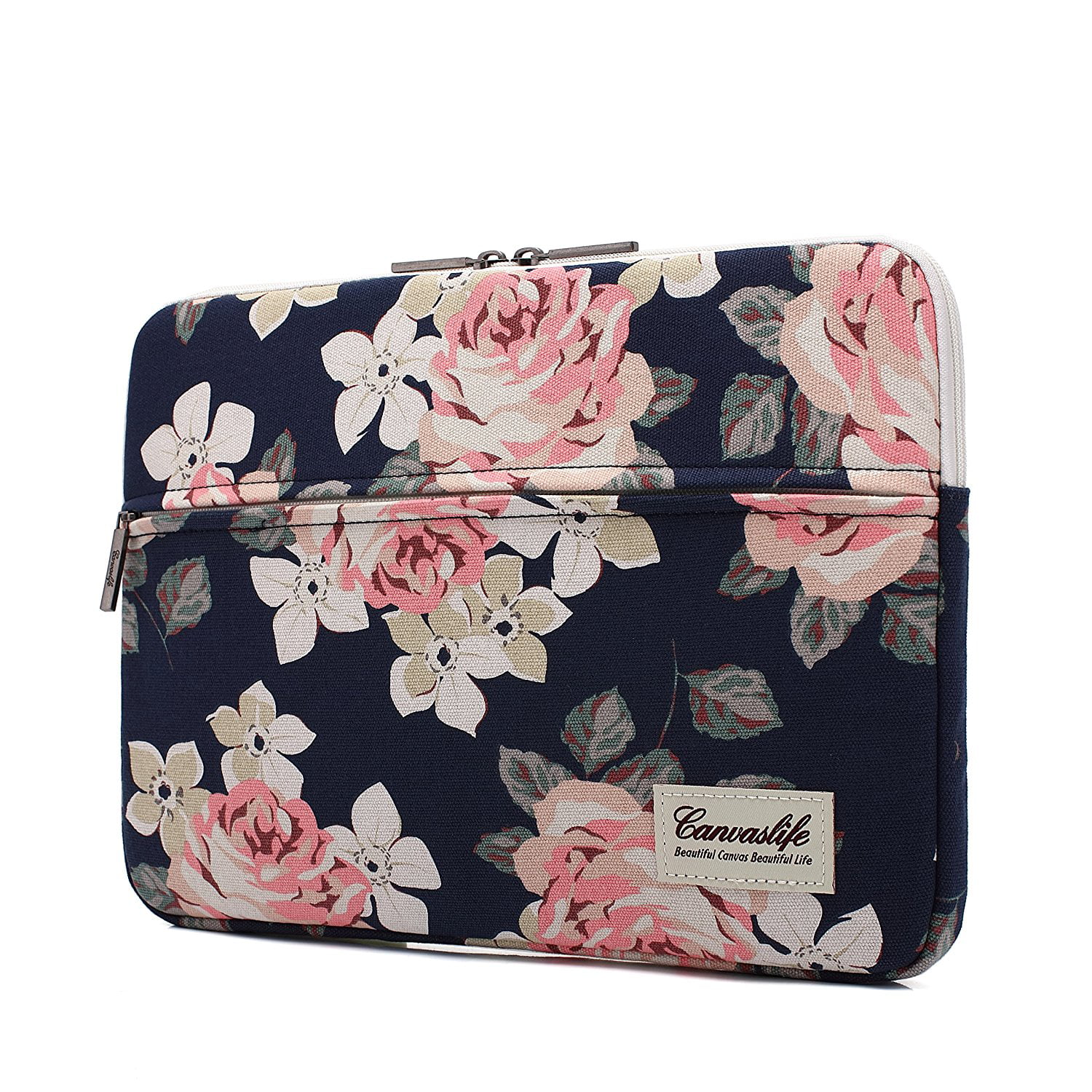 Canvaslife White Rose Pattern 13 inch Canvas laptop sleeve with pocket 13 inch 13.3 inch laptop ...