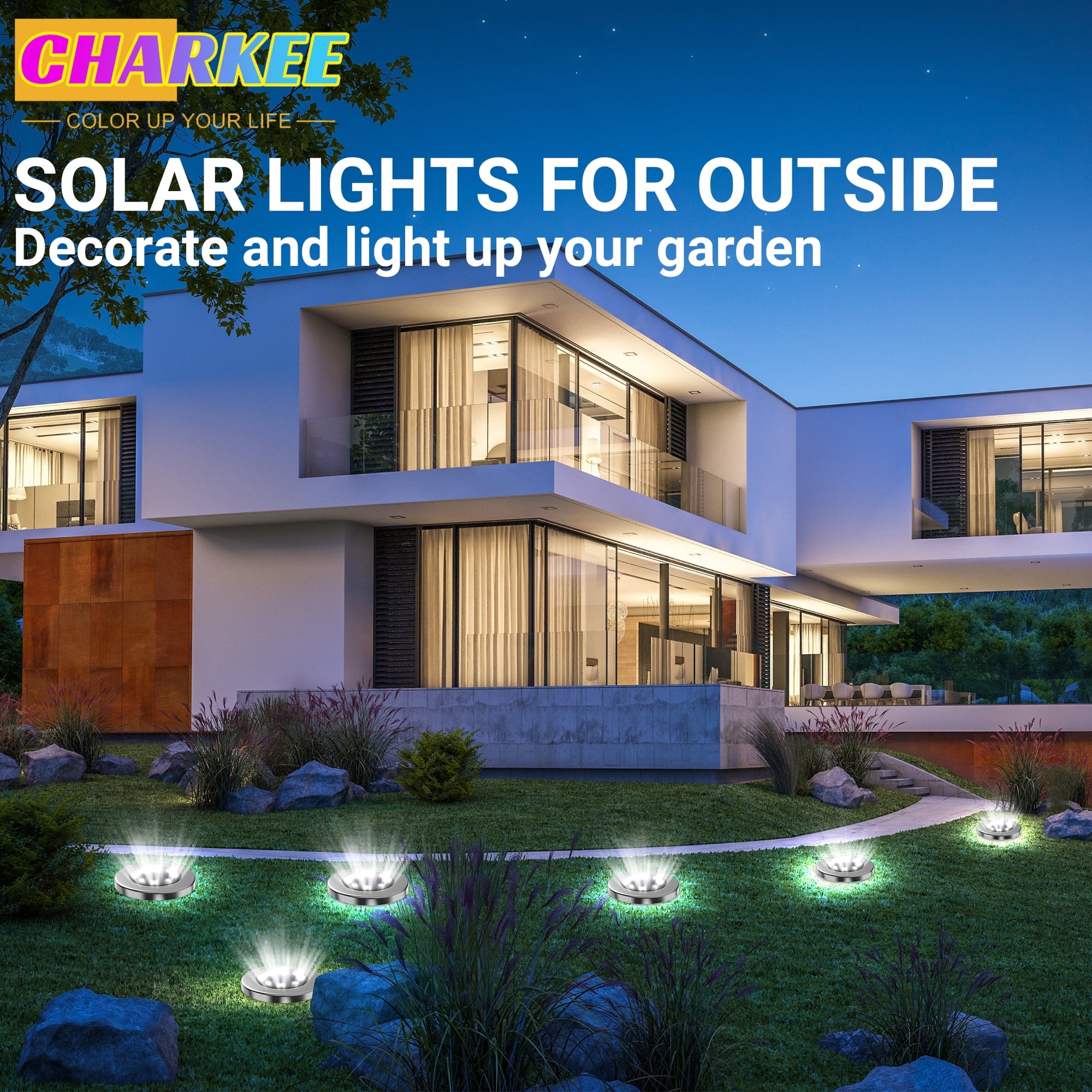 CHARKEE 8 Pack Solar Ground Lights Outdoor, 8 LED Solar Powered Garden Lights for Pathway Lawn Patio Yard Decor