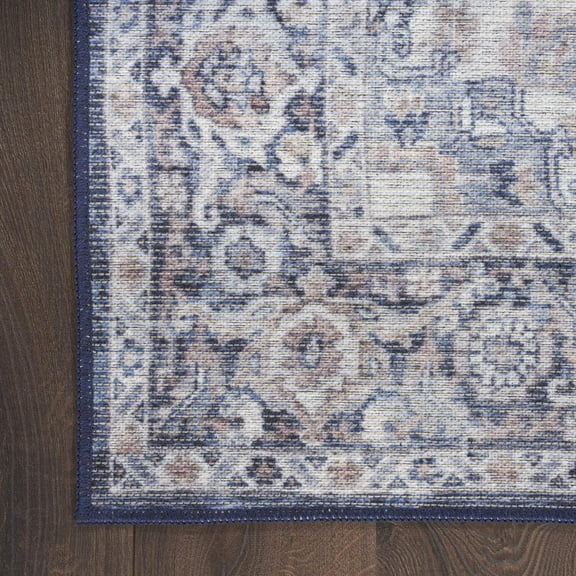 HomeRoots 533083 10 ft. Blue & Ivory Floral Power Loomed Distressed Washable Runner Rug