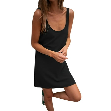 

QWANG Women s Casual Solid Color Comfy Nightgown Dress Summer Sleeveless U Neck T Shirt Dresses