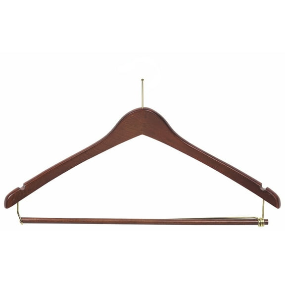Wooden Curved Suit Hanger with Anti-Theft P-Nail Hook and Locking Bar, Walnut Finish with Brass Hardware, Box of 50