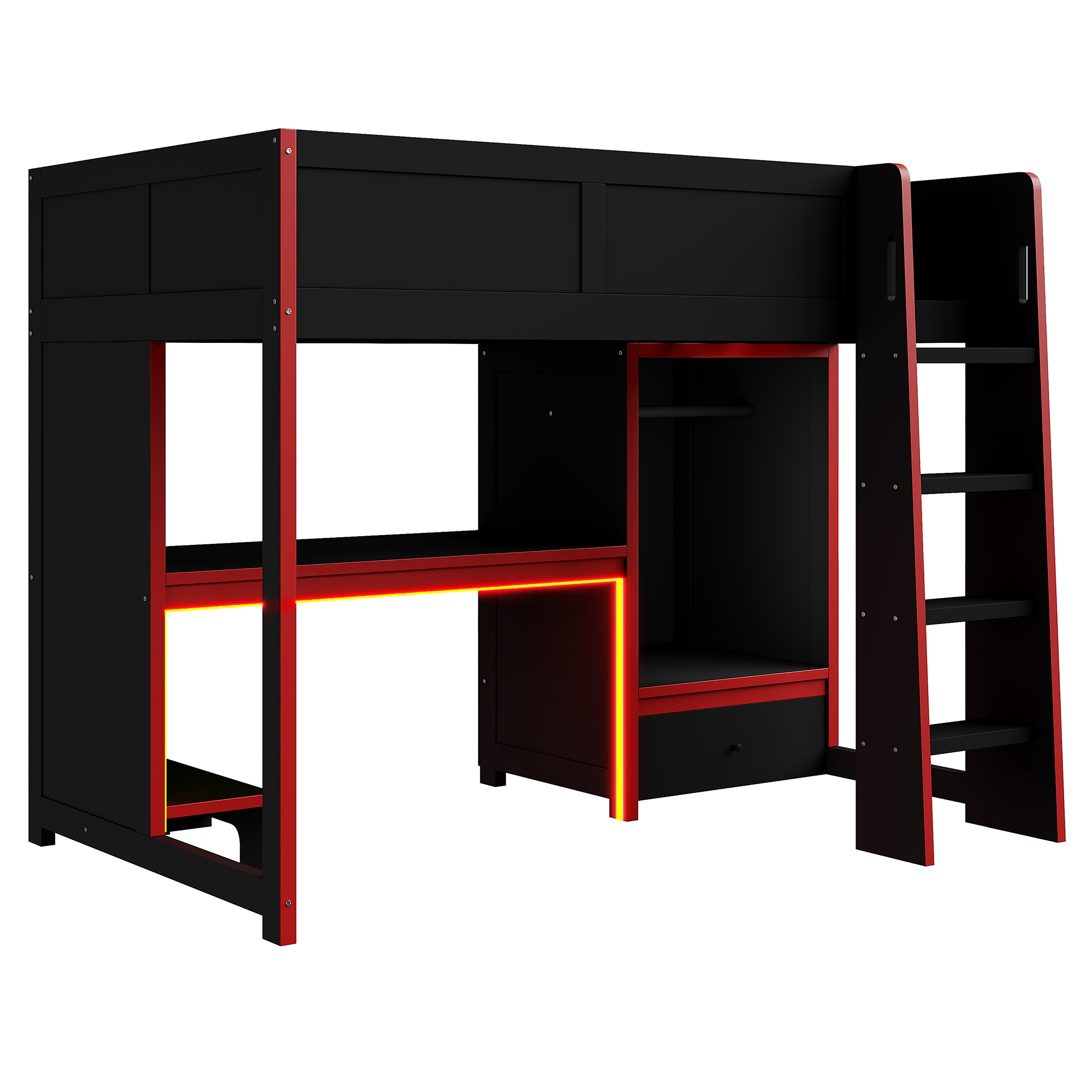 Euroco Wood Twin Size Loft Bed with Desk and Drawer, Gaming Bed with LED Light and Open Wardrobe