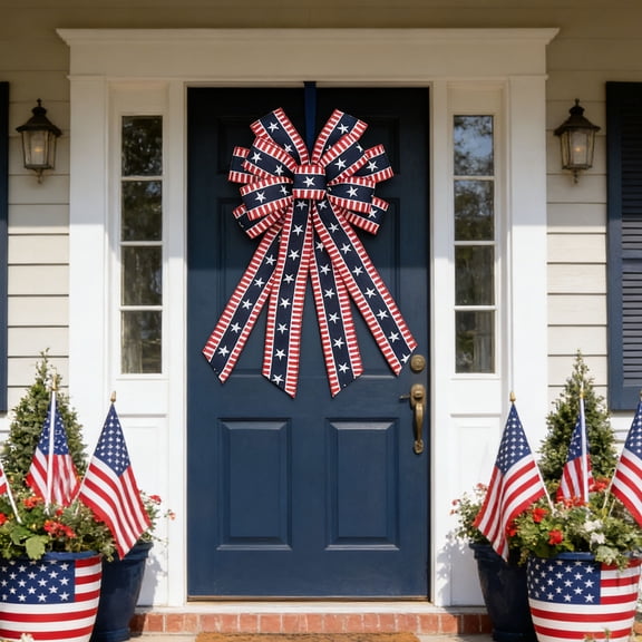 Large Patriotic Bow Wreath 4th of July Decor American Flag Bow for Indoor Outdoor Red with Blue Stars Bunting Holiday Memorial Day Decorations Independence Day Party Backdrops
