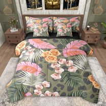 Feelyou Pink Rose Flower Bedding Comforter Set 7pcs, Tropic Palm Leaves King Bedding Sets, Fashion Leopard Cheetah Print Reversible Bed Sheets, Ultra Soft Bedroom Decor