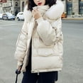 thumbnail image 2 of Jinhomg Trendy Winter Jacket for Women Plus Size Casual Faux Fur Trim Hooded Puffer Coat Warm Cozy Long Sleeve Double Closure Outerwear with Pockets Summer Saving Beige L, 2 of 10