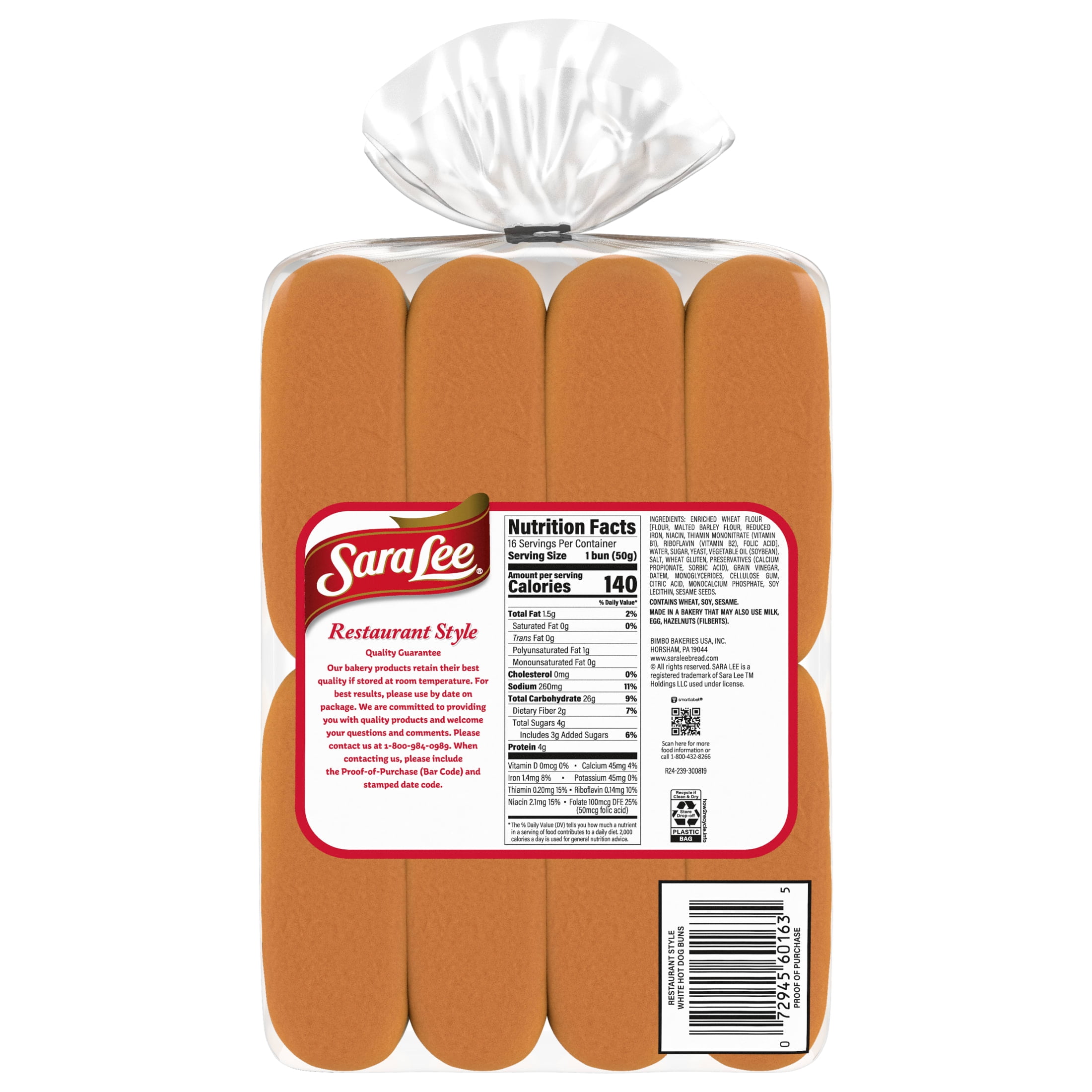 Sara Lee Restaurant Style Hot Dog Buns, 16 count, White Hot Dog Buns, 28 oz Bag