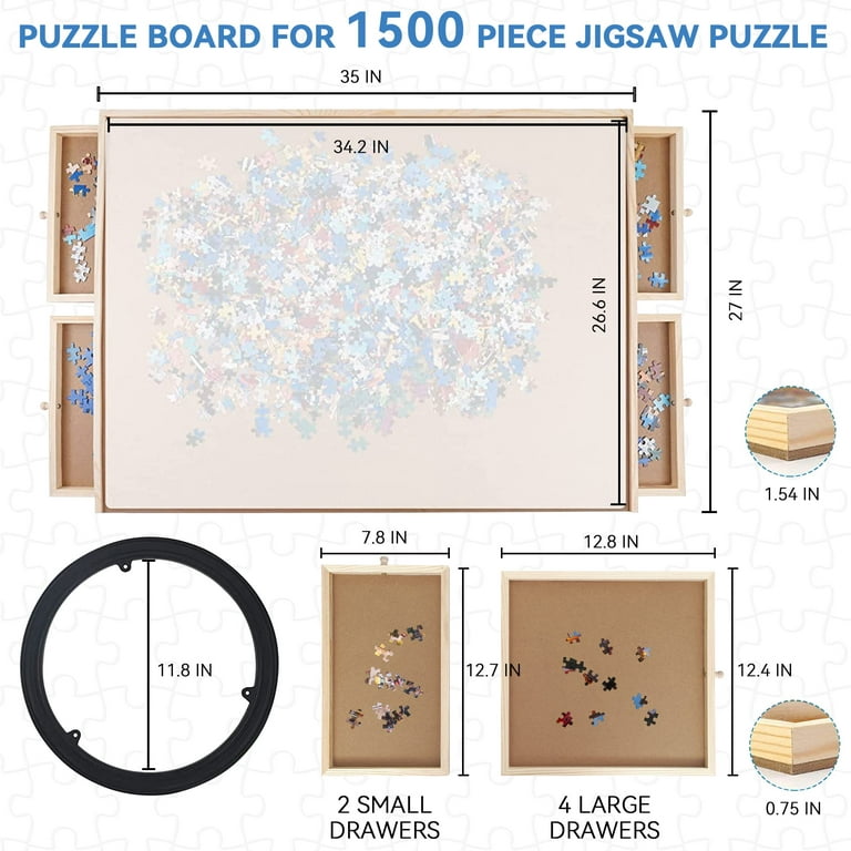  Puzzle Board, WOOD CITY 1500 Piece Wooden Jigsaw Puzzle Board  with Drawers, 35”x 27” Portable Puzzle Table with Covers and Lazy Susan,  Rotating Jigsaw Puzzle Table for Kids and Adults 