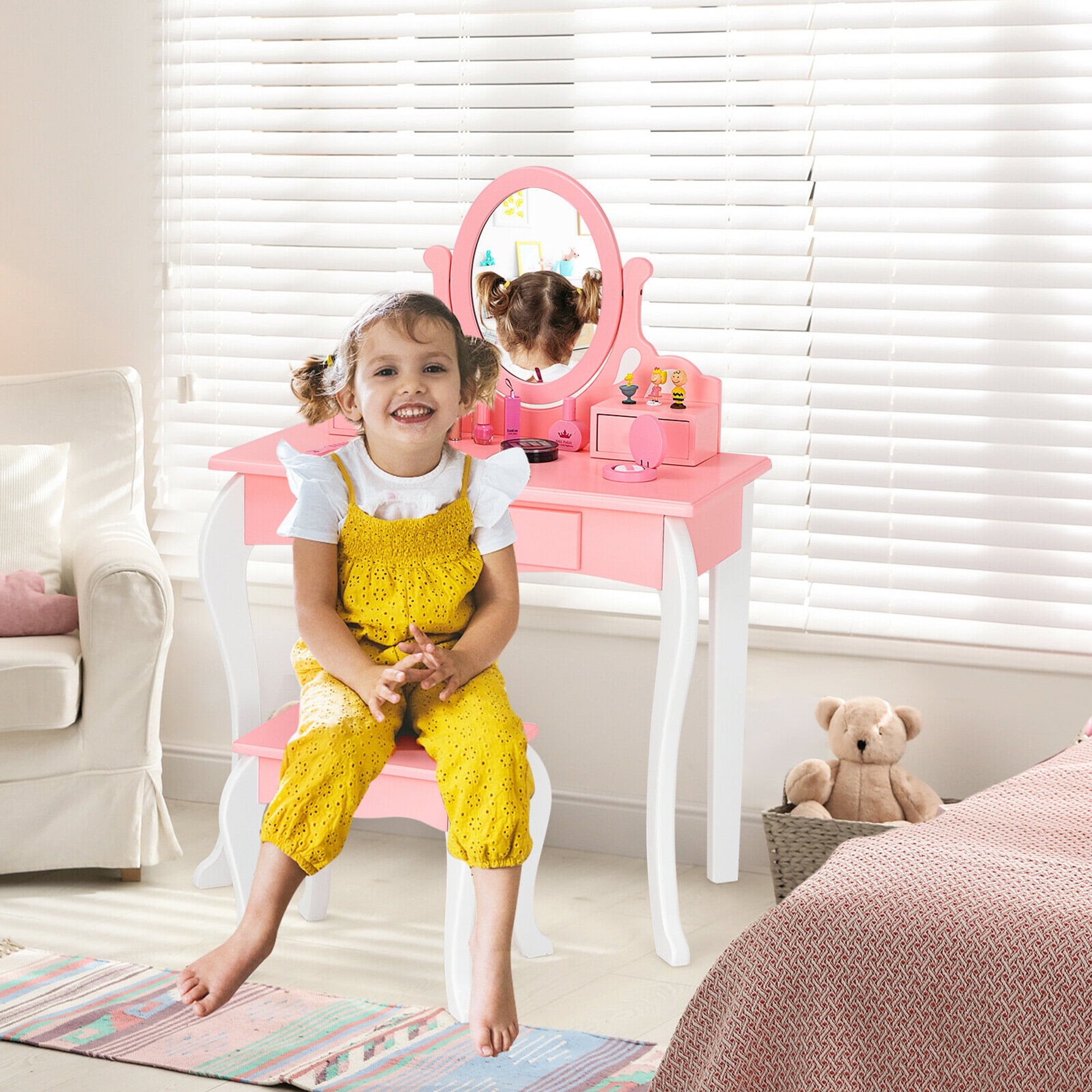 Kids Vanity Princess Makeup Dressing Table Stool Set with Mirror and Drawer Pink costway