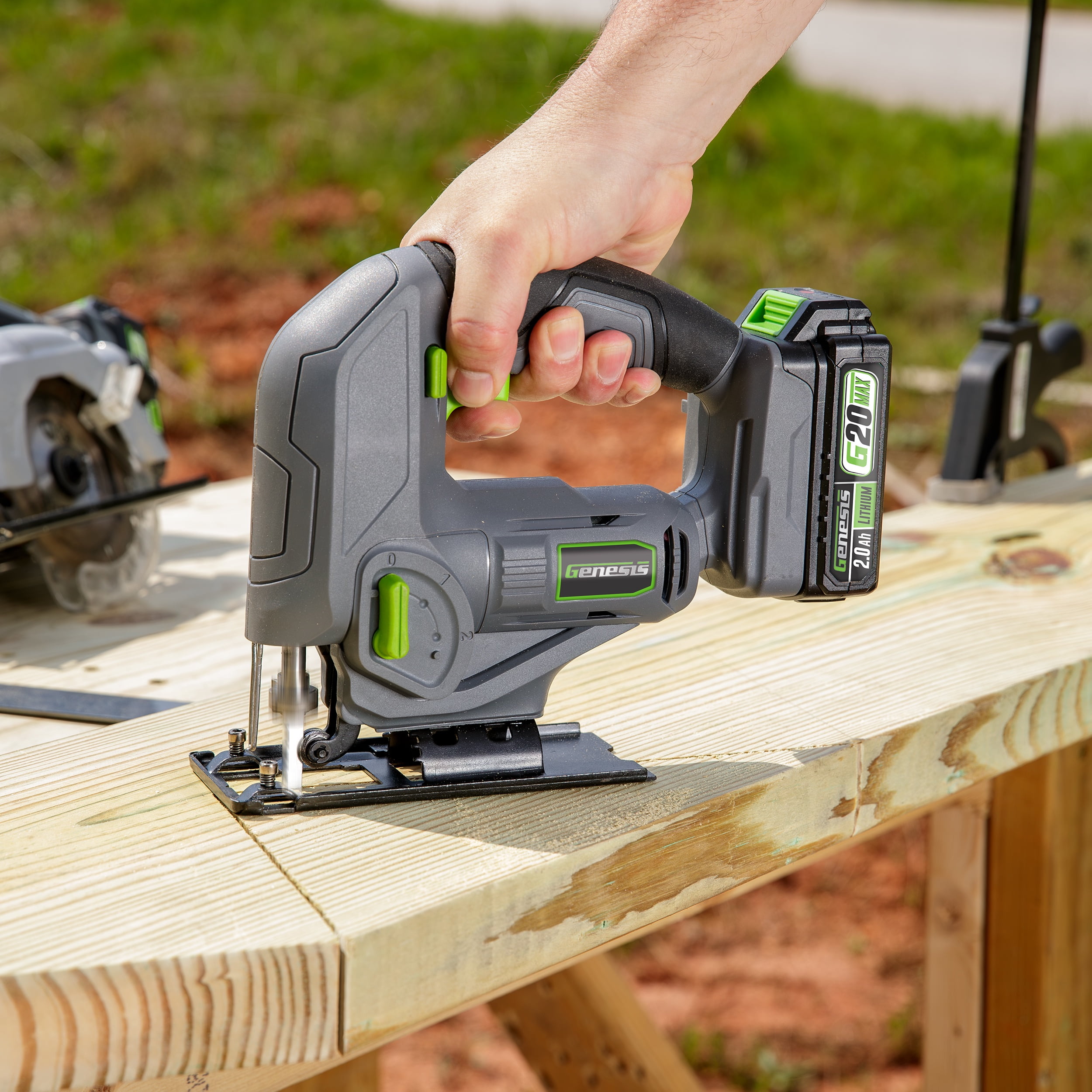 GENESIS G20MAX 20V Variable-Speed Jig Saw with 3-Orbital Settings, 2.0Ah Battery and quick charger included.