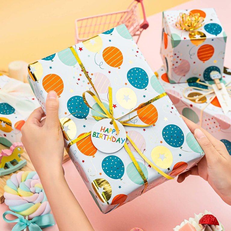 HOMERAL Metallic Gold Balloon Birthday Wrapping Paper, 17"x32.8' photo 5