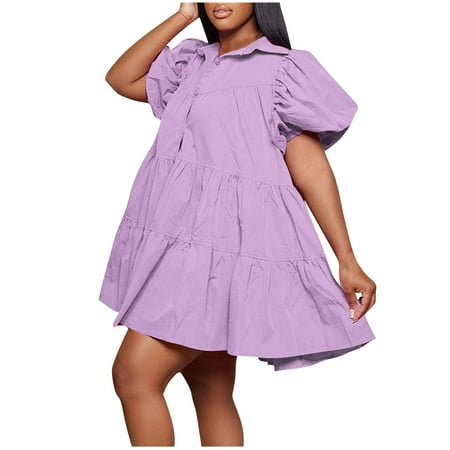 Ftwytp Women s Summer Casual Loose Collar Short Sleeved Ruffled Hem Button Pleated Dress Plus Size Women s V-Neckline Dress Medieval Retro Button Corset Maxi Dress Purple
