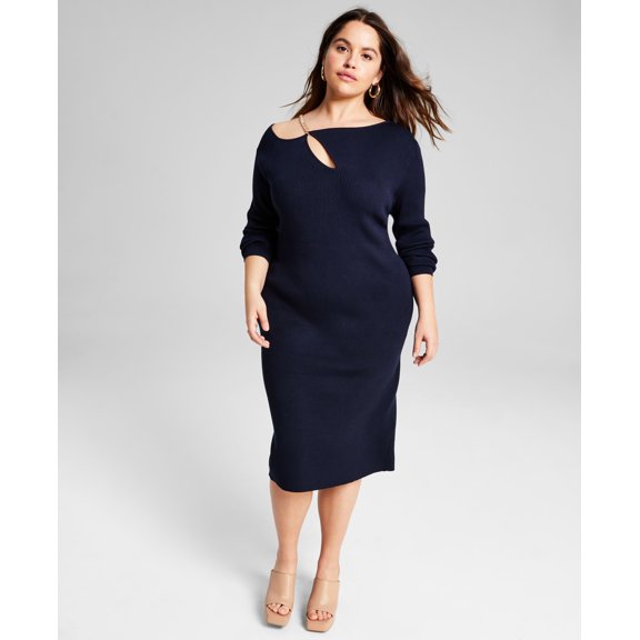 Trendy Plus Size Chain Strap Ribbed Knit Sweater Dress Midnight 3X