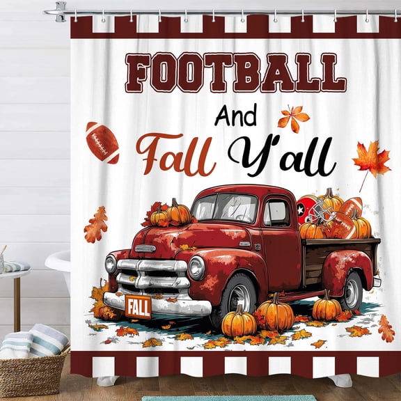 Fall Football Sport Shower Curtain, Fall Autumn Maple Leaves Pumpkin Farmhouse Harvest Football Thanksgiving Brown Shower Curtain for Bathroom Autumn Bath Curtains with Hooks,70x70IN