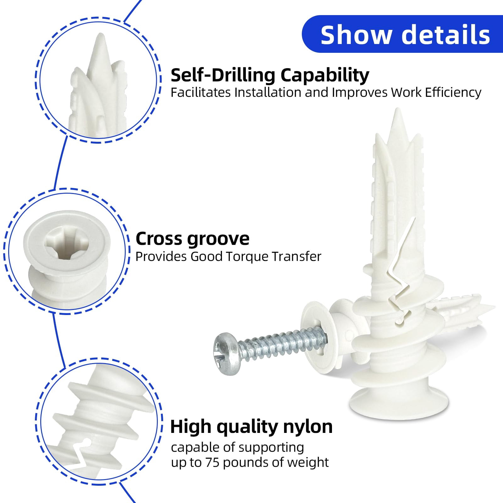 #8 x 1-1/2" Nylon Self-Drilling Drywall Anchors with Screws (100 Anchors+100 Screws), No Pre Drill Hole Required, Hold Up to 75 Lbs