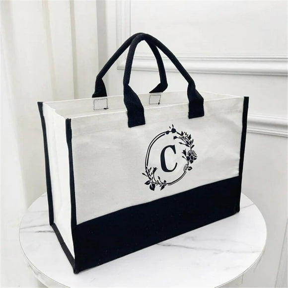 TUWABEII Initial Canvas Tote Bag, Personalized Beach Jute Bag Present for Women Holiday, Friends Birthday Gift, Beach, Wedding