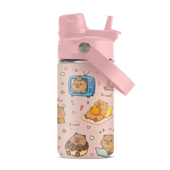 JOPJOLIW Capybara 12oz Water Bottle for Girls & Boys, Birthday Gift for Capybara Lovers Daughter, Insulated Tumbler with Handle, Stainless Steel Reusable Leak-proof Cup for Sports, Rose-pink 1-Pack