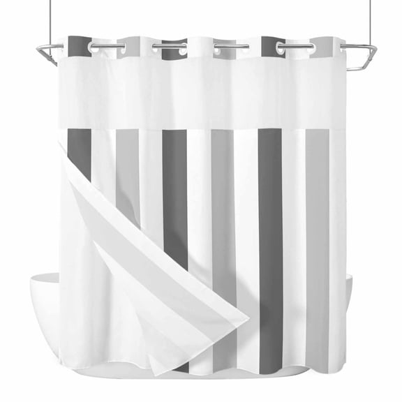 No Hook Shower Curtain, Grey Striped Standard Shower Curtains with Snap in Liner, Minimalist Farmhouse Stripe Waterproof Washable Fabric Bathroom Curtain Sets, 66"W x 72"L