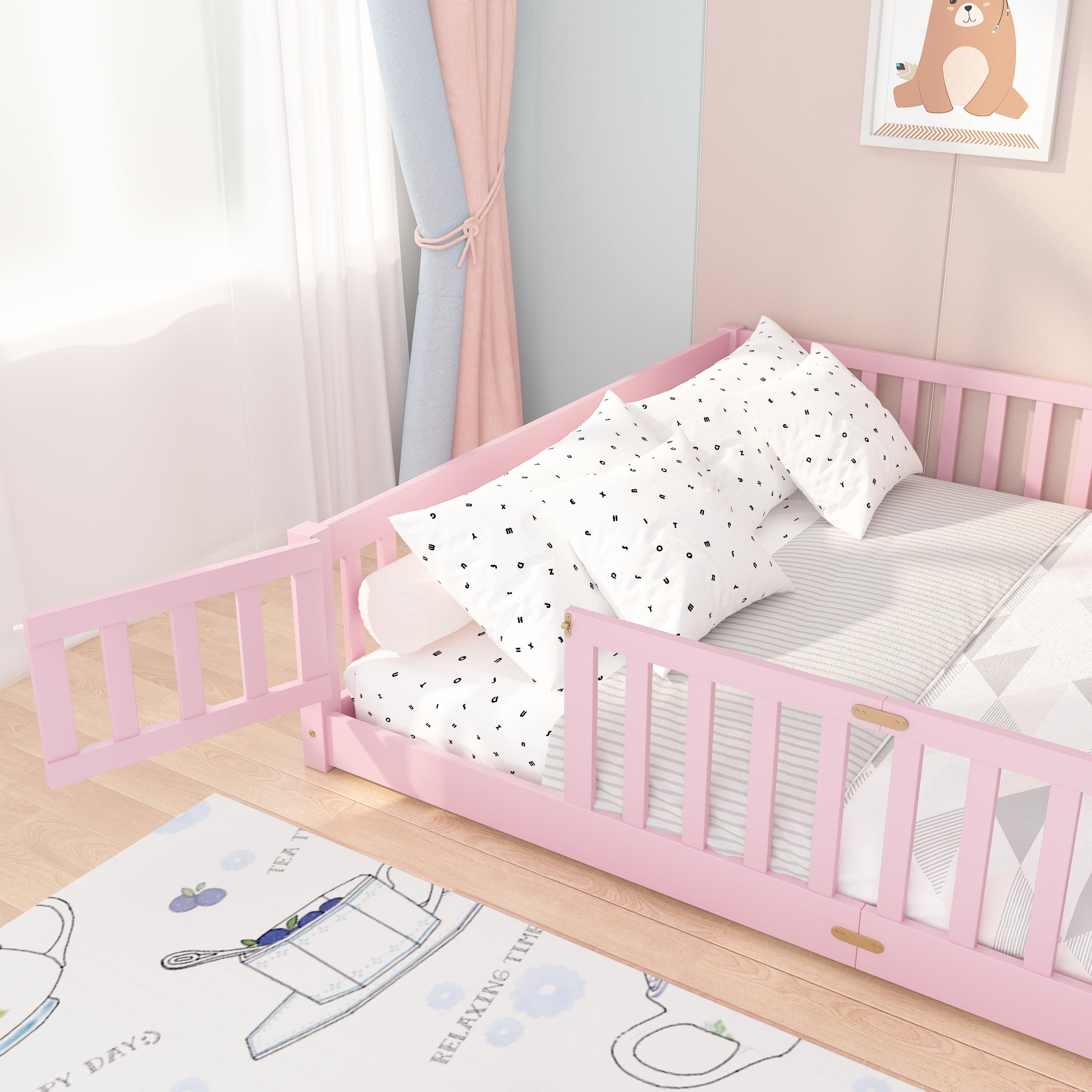 UHOMEPRO Queen Size Floor Bed with Door and Fence for Kids, Toddler Bed Montessori Floor Bed with Slats and Safety Guardrails, Solid Wood Queen Bed Frame for Girls Boys Kids Bedroom, Pink