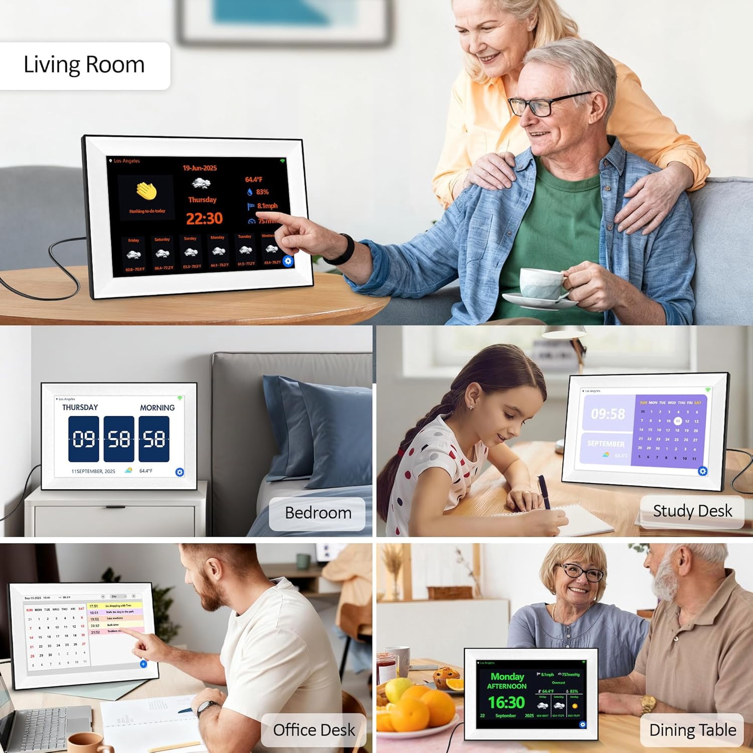 WiFi Touch Screen Digital Calendar Clock 10.1 Inch with 64 Custom Alarms Auto-Sync  Date 7-Day Weather Forecast Weekly Schedules Desk Alarm Clock for Bedroom Kitchen