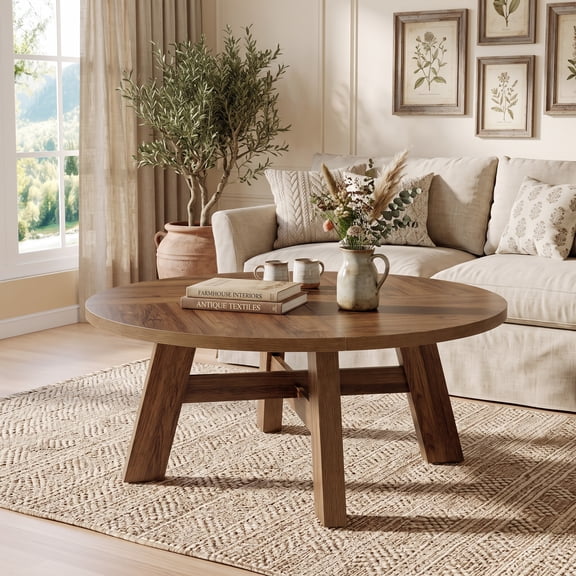 Fnova 39" Round Coffee Table, Mid-Century Modern Wood Center Table with Reinforced Cross Brace, Walnut for Living Room, Apartment, Small Space