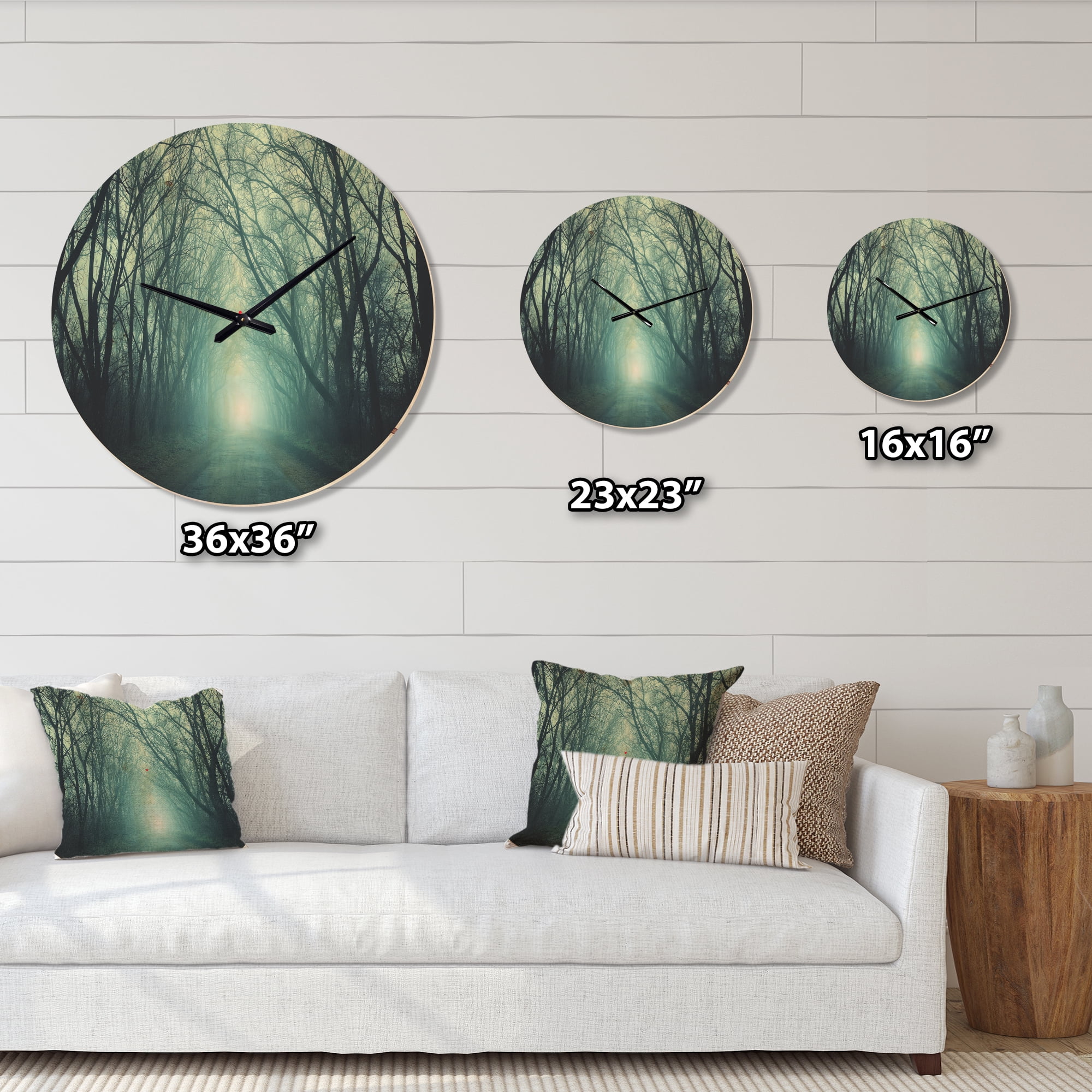 Designart 'Path in Fall Forest with Green Light ' Farmhouse Wood Wall Clock