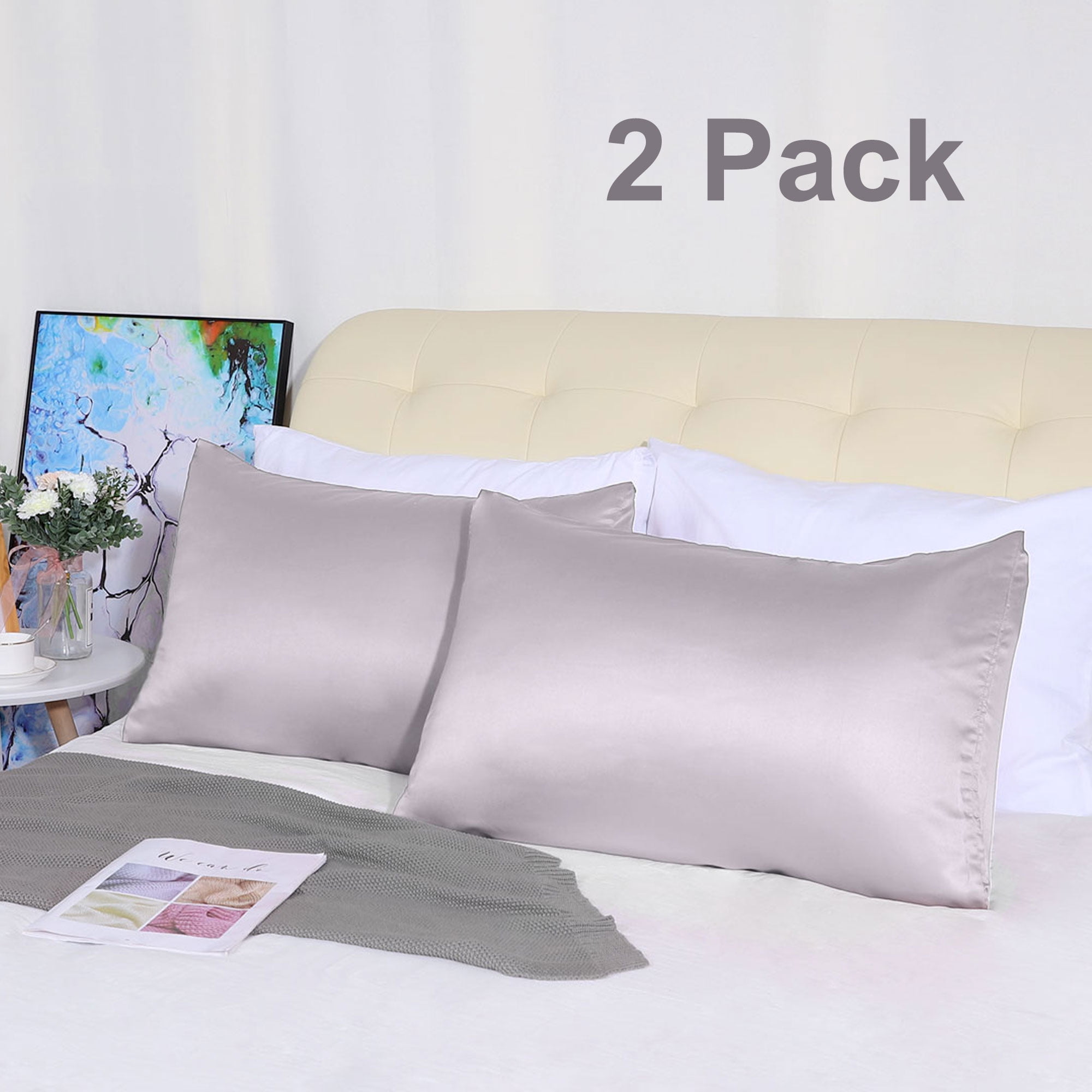 PiccoCasa 2 Pack Soft Silky Satin Envelope Pillowcases, Silver King