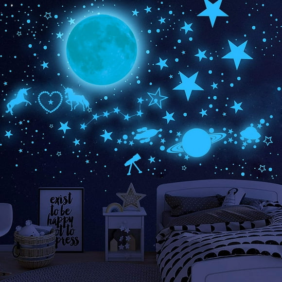 Autocollants NETSENGLuminous Unicorns Étoiles Lumineuses Autocollants de Plafond Décoration Fluorescente pour Chambres d'Enfants Bleu