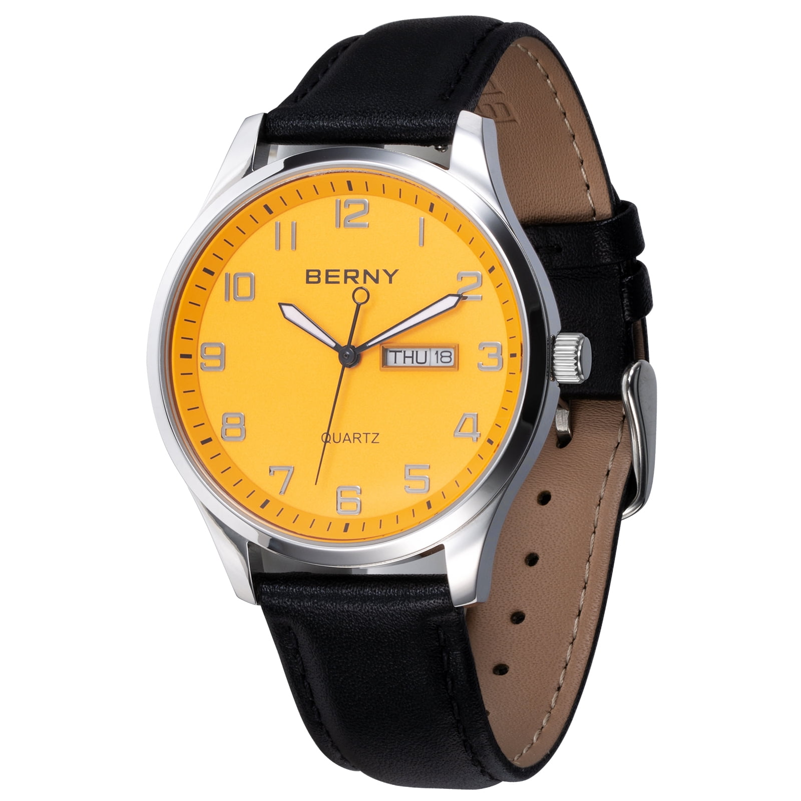 BERNY Modern Quartz Watch for Men Casual Easy Read Wristwatch with Arabic Numeral Watch Dial, Genuine Leather Strap and Day & Date Calendar