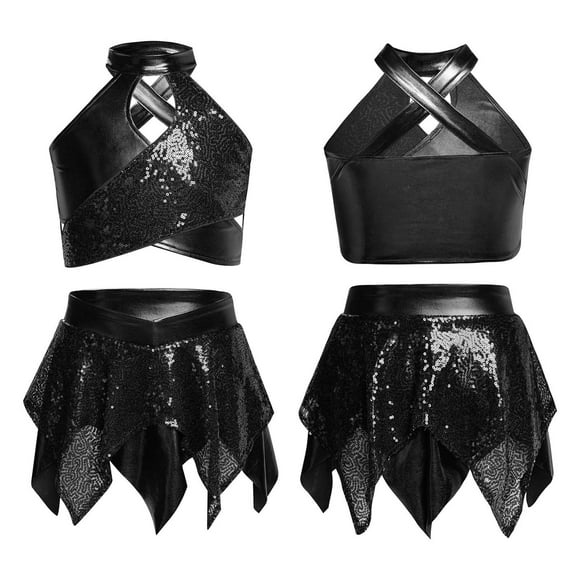 iixpin Girls' Jazz Hip Hop Dance Performance Costume Tank Top with Pleated Skirt Sparkly Dancing Clothing Set Black 8