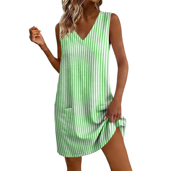Levmjia Women's Summer Sleeveless Striped Dress V Neck Casual Loose Fit Shift Dress with Pockets Cute A Line Summer Dress Beach Vacation Daily Wear