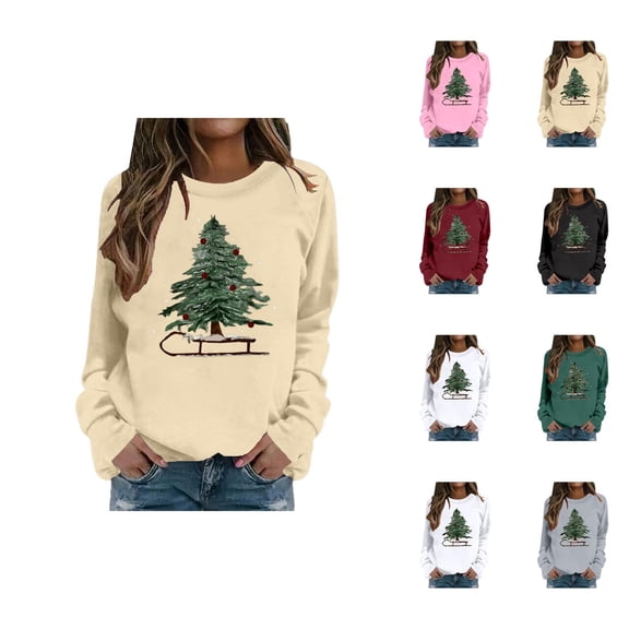 Christmas Tree Sweatshirts for Women 2025 Long Sleeve Crewneck Xmas Holiday Graphic Sweatshirt Pullover Tops