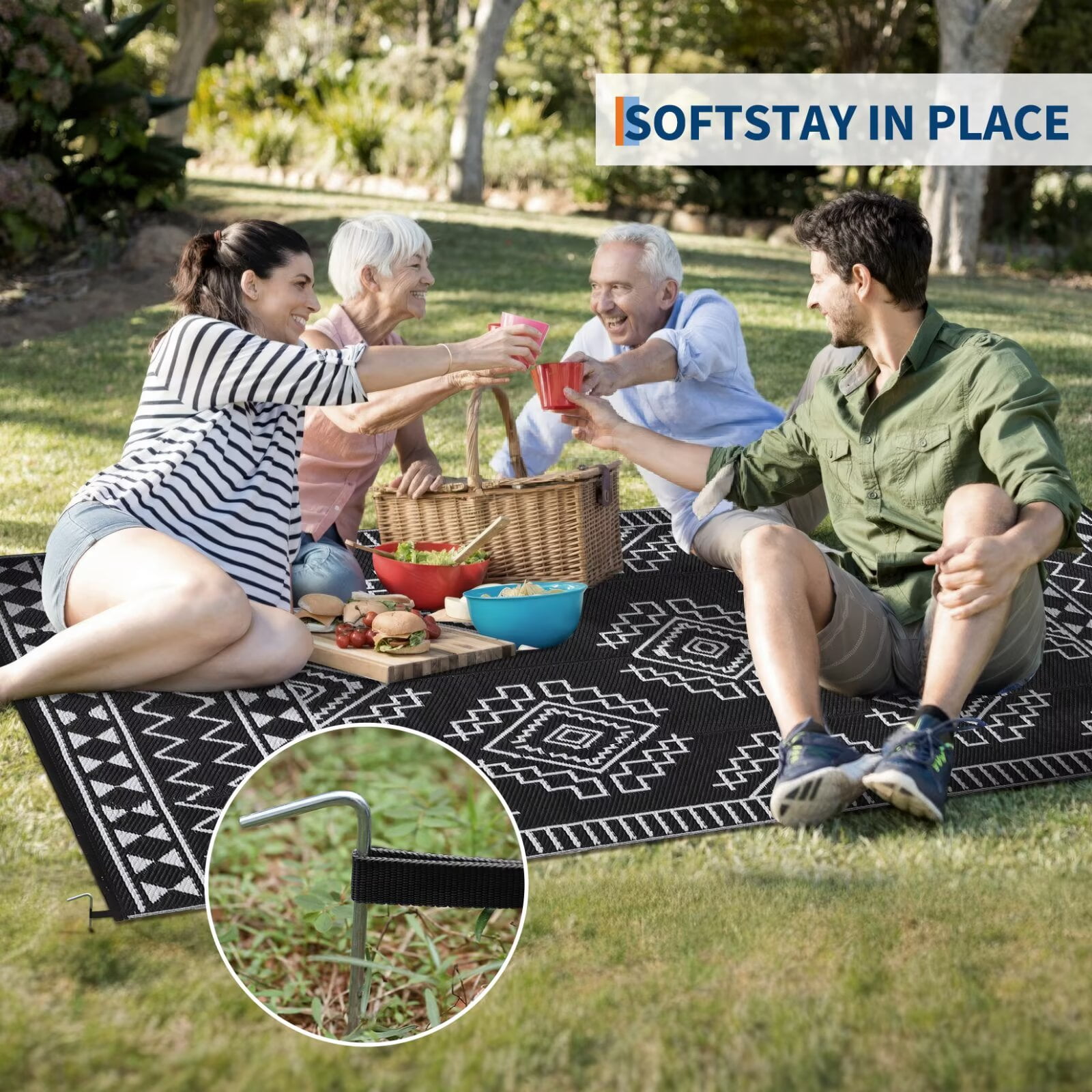 GlowSol 9'x12' Outdoor Rug Boho Geometric Plastic Straw Rug Waterproof Reversible Mat Outdoor Foldable Rug for Camping Patio Picnic, Black White