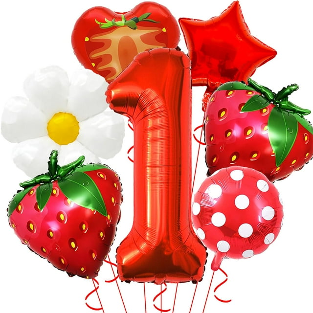 Set de globos con forma de fresa Corabsar para niña, primer cumpleaños, 40 cm, color rojo