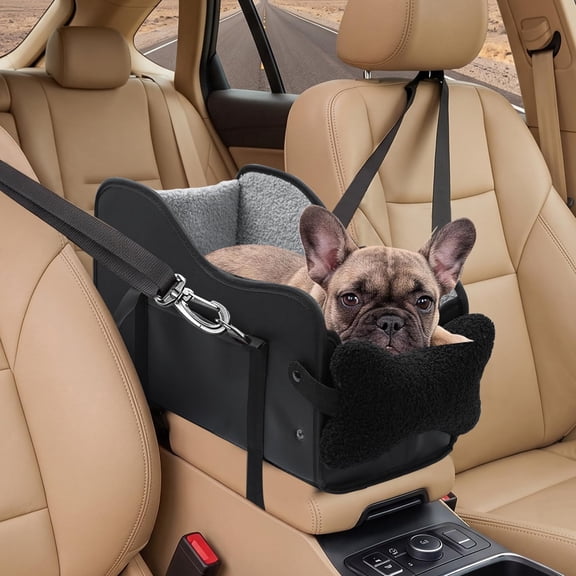 Lineslife Center Console Dog Car Seat Portable Pet Booster with Safety Belt Removable Cushion Storage Pocket for Small Dogs Cats Up to 12 Lbs Black
