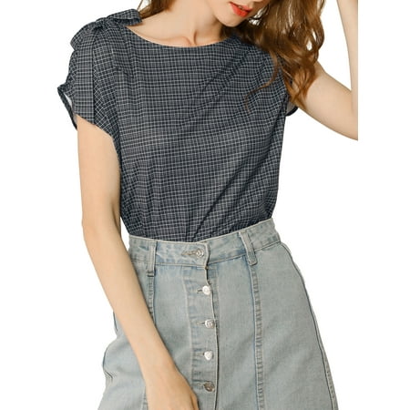 Women’s Vintage Plaid Short Sleeves 1 Tie Knot Shoulder Shirt XS (US 2) Dark Blue