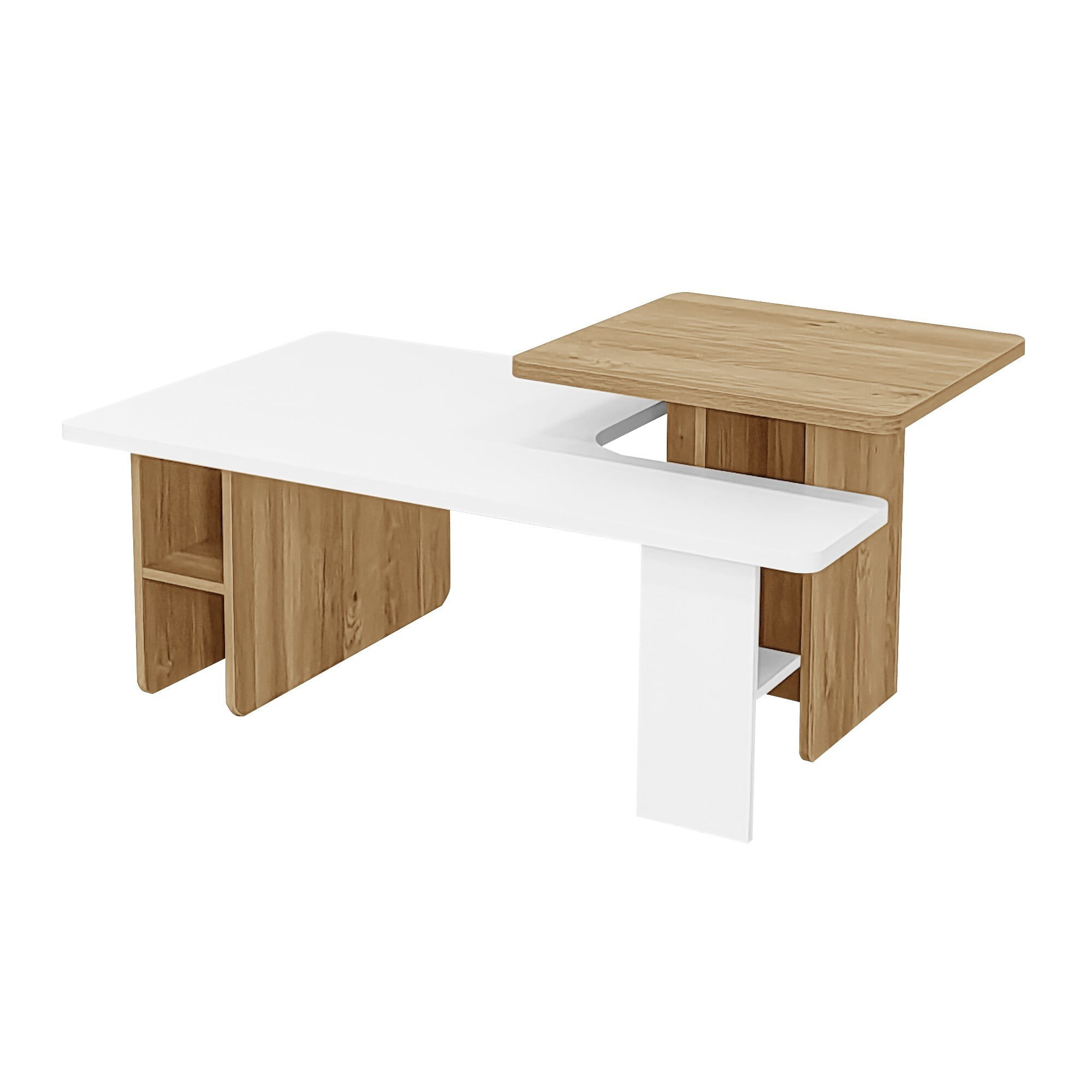 AENKYO Modern Nesting Coffee Table Set, 2-Piece Wood Grain End Tables with Open Shelves for Living Room, White