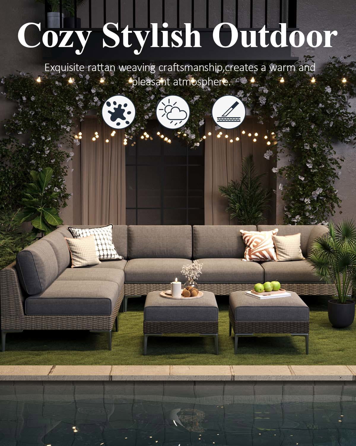 LayinSun 7-Piece Wicker Rattan Patio Furniture Set, Deep Seating Outdoor Modular Sectional Sofa Conversation Set with Thick Cushions for Lawn, Garden