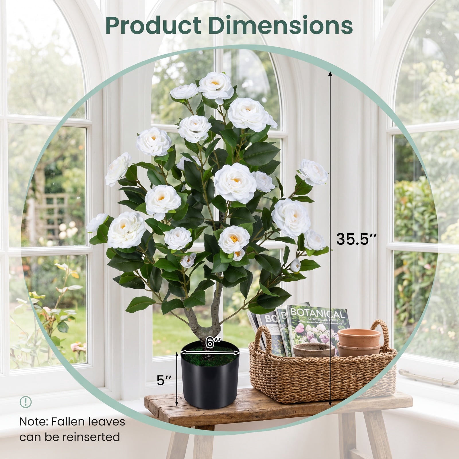 Vebreda Artificial Plant Decor, Artificial Camellia Tree Faux Flower Plant in Cement-Filled Pot, Lifelike & Elegant Design, Selected PE Materials